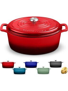 Enameled Cast Iron Oval Dutch Oven Pot with Lid, 5 Quart, Red